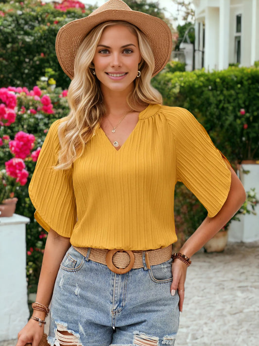 Notched V-Neck Textured Tulip Sleeve Blouse