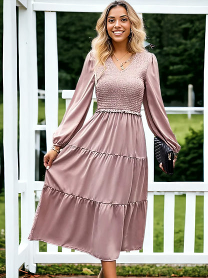 Shirred V Neck Tiered Dress