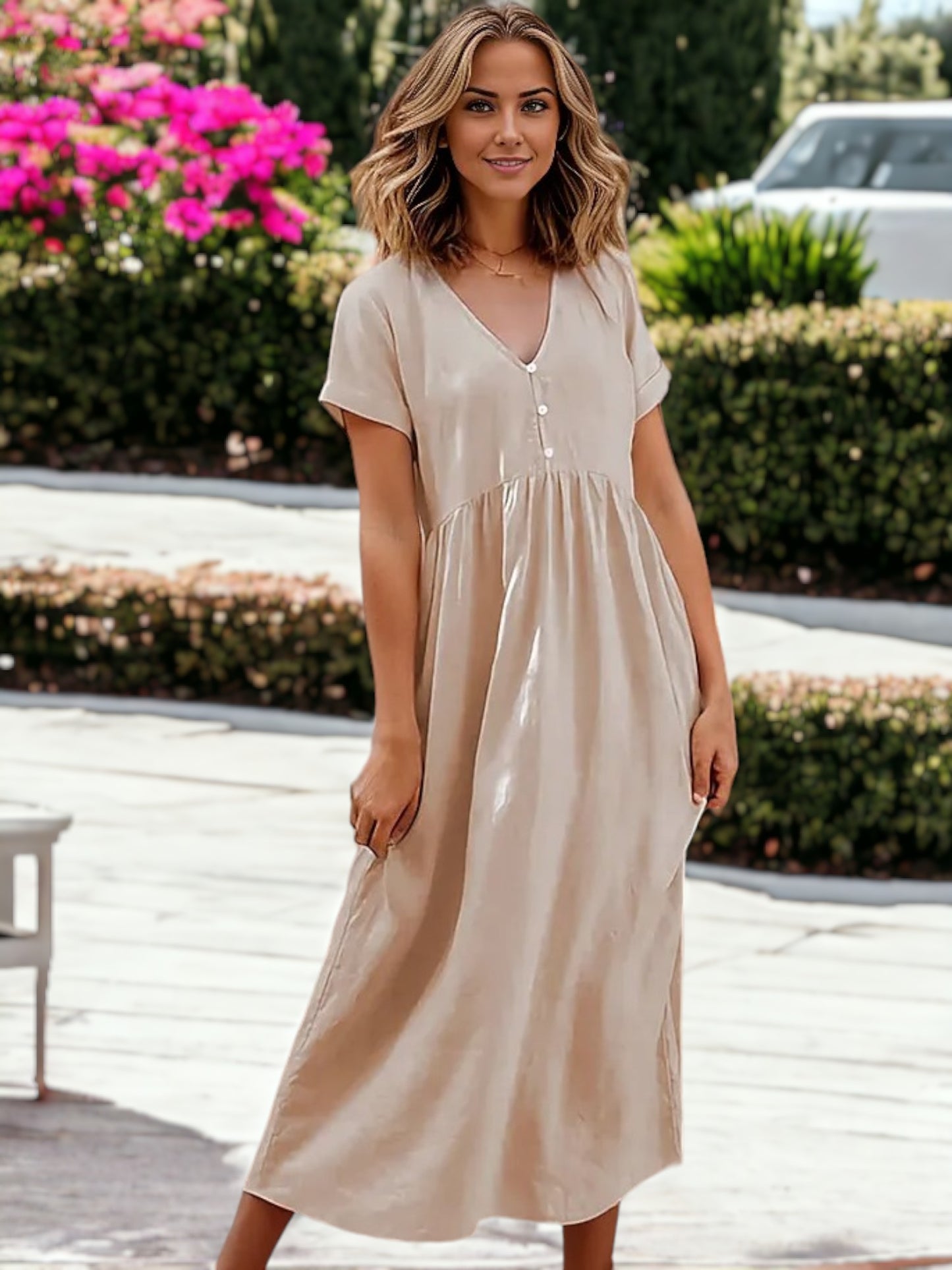 Vestido largo holgado de manga corta con escote en V y botones para mujer