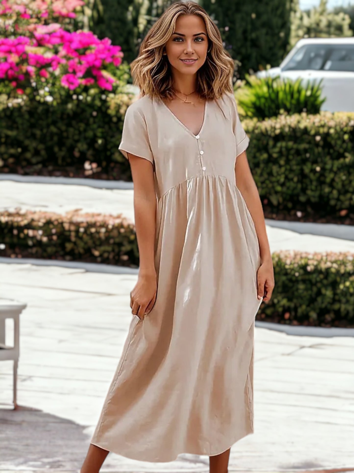 Loose Buttoned V-Neck Short Sleeved Long Dress For Women