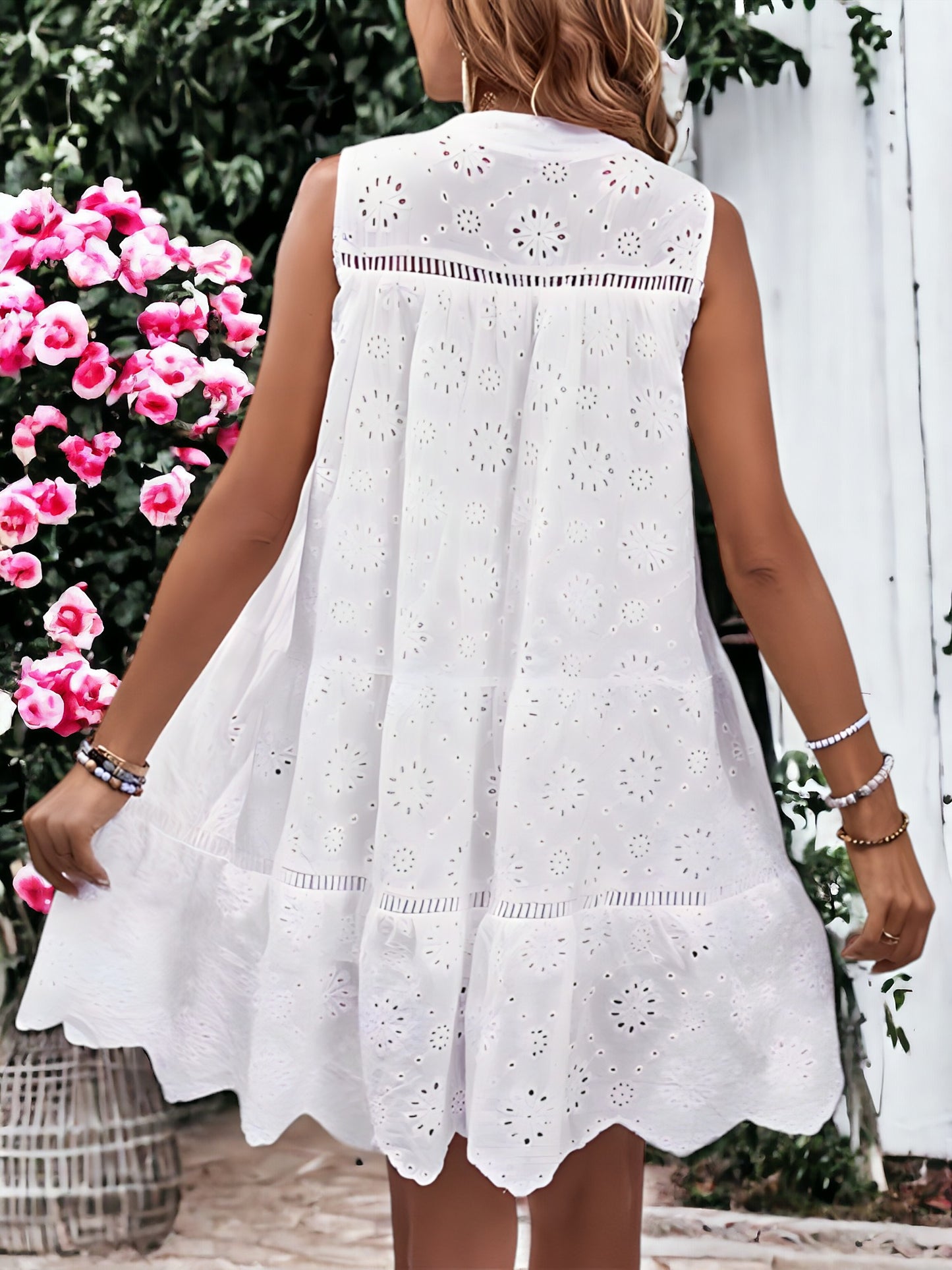 Eyelet Tied Neck Sleeveless Mini Dress