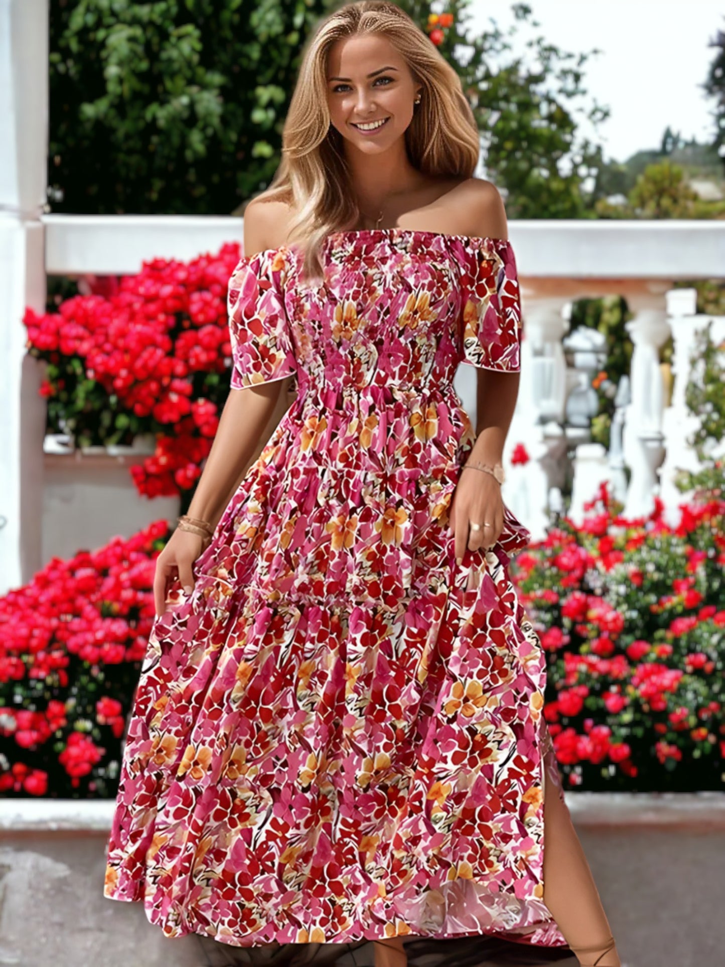 Vestido largo con volantes y hombros descubiertos con estampado floral