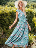 Vestido largo con escote en V, mangas con volantes y lazo en la cintura
