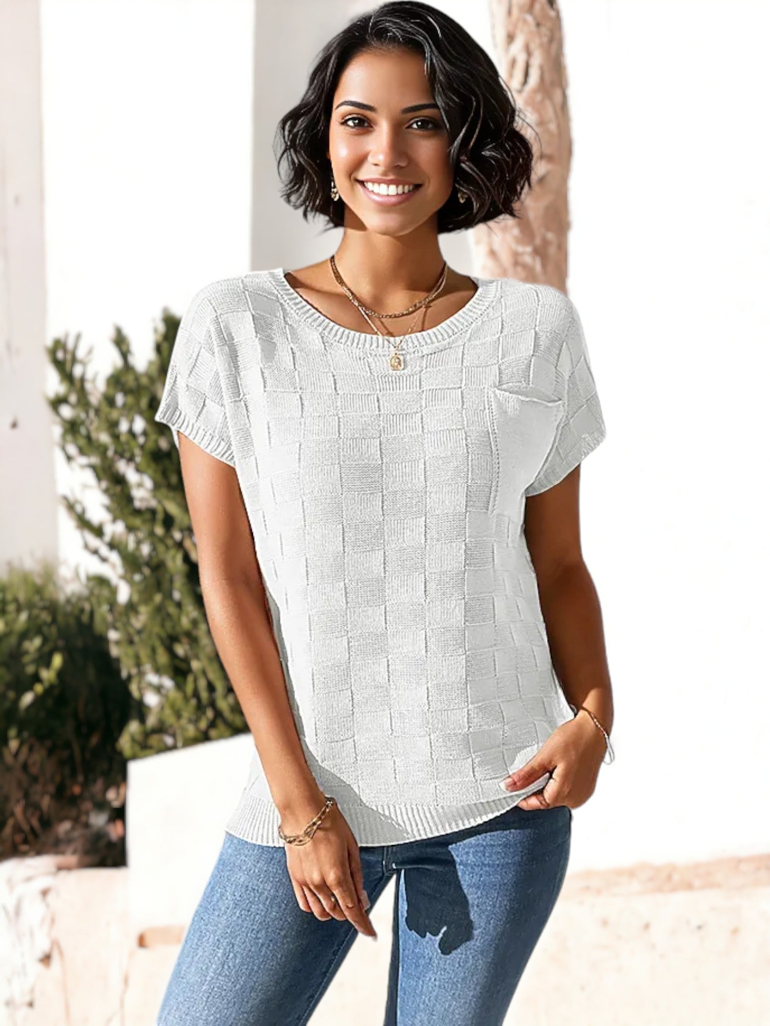 Camisa de cuello redondo con estampado de textura cuadrada de punto y detalle de bolsillo lateral