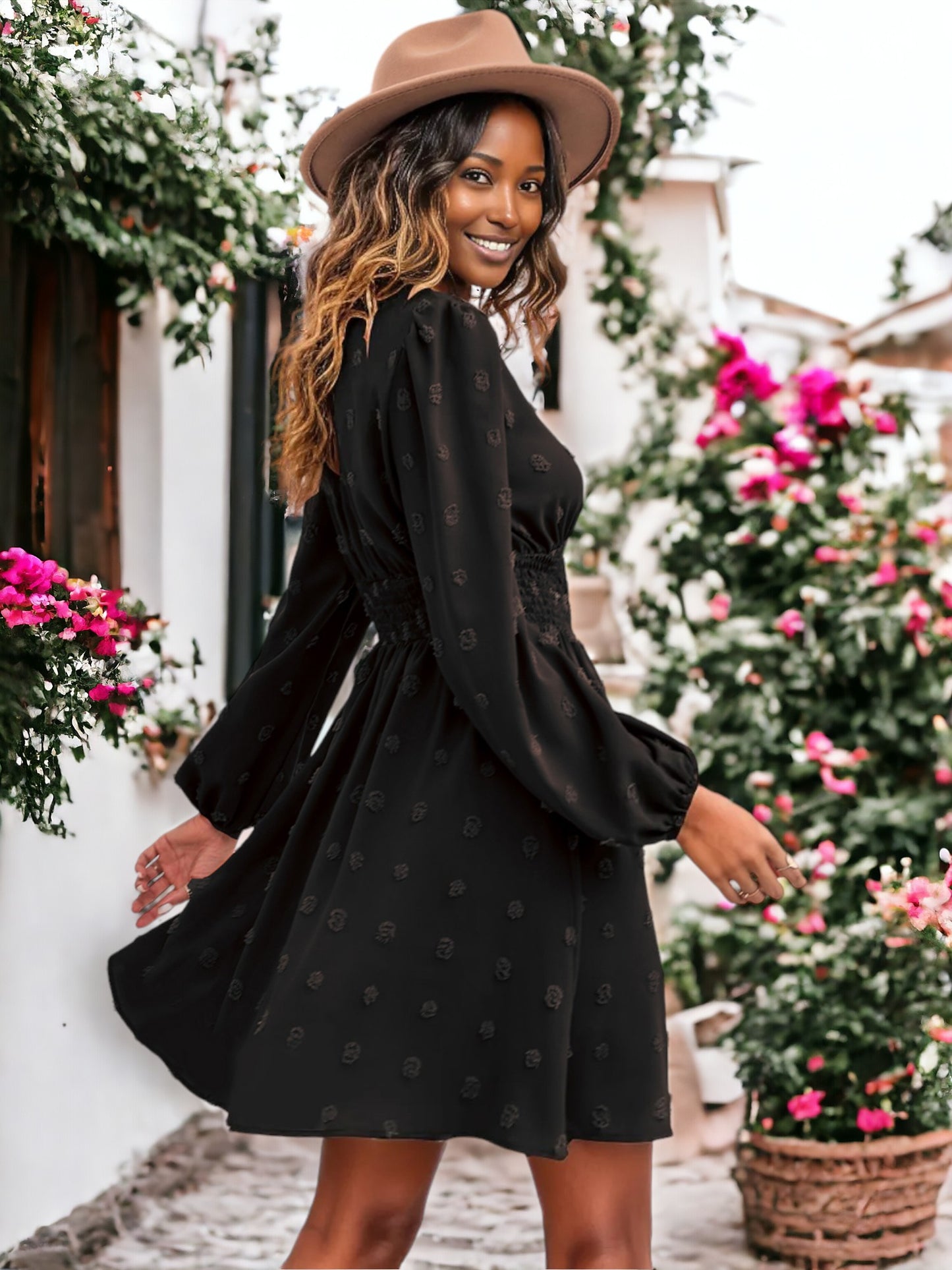 Clip Dot Shirred Waist Dress