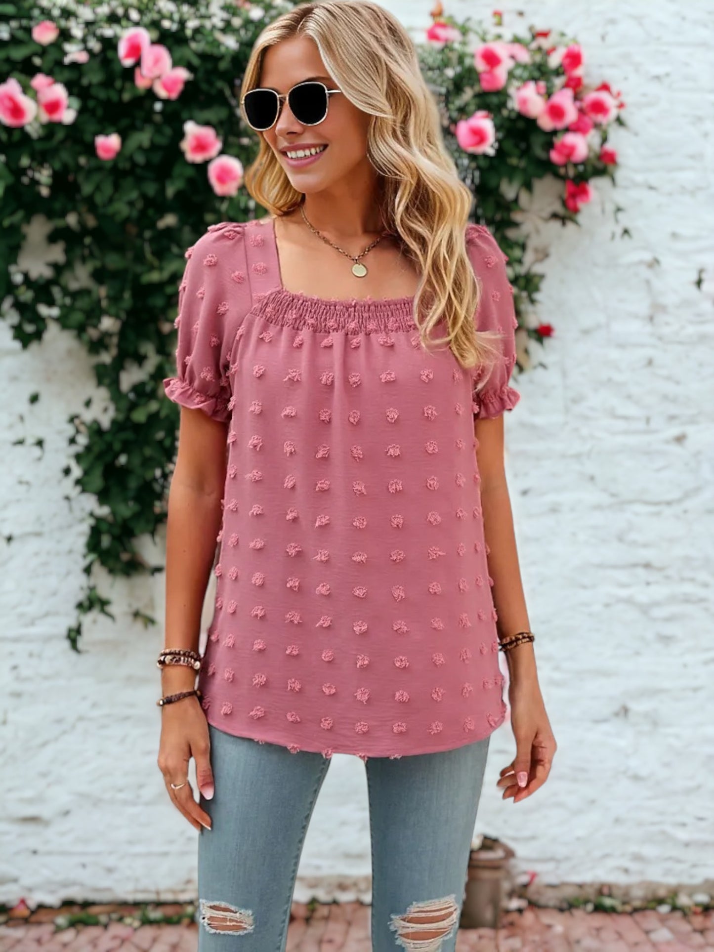 Shirred Square Neck Puff Sleeve Blouse