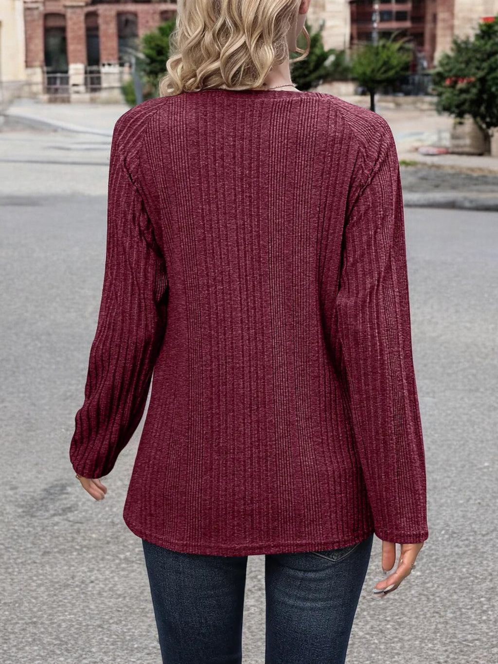 Blusa de punto acanalado de manga larga para mujer de Anna-Kaci con detalle de botones y escote redondo