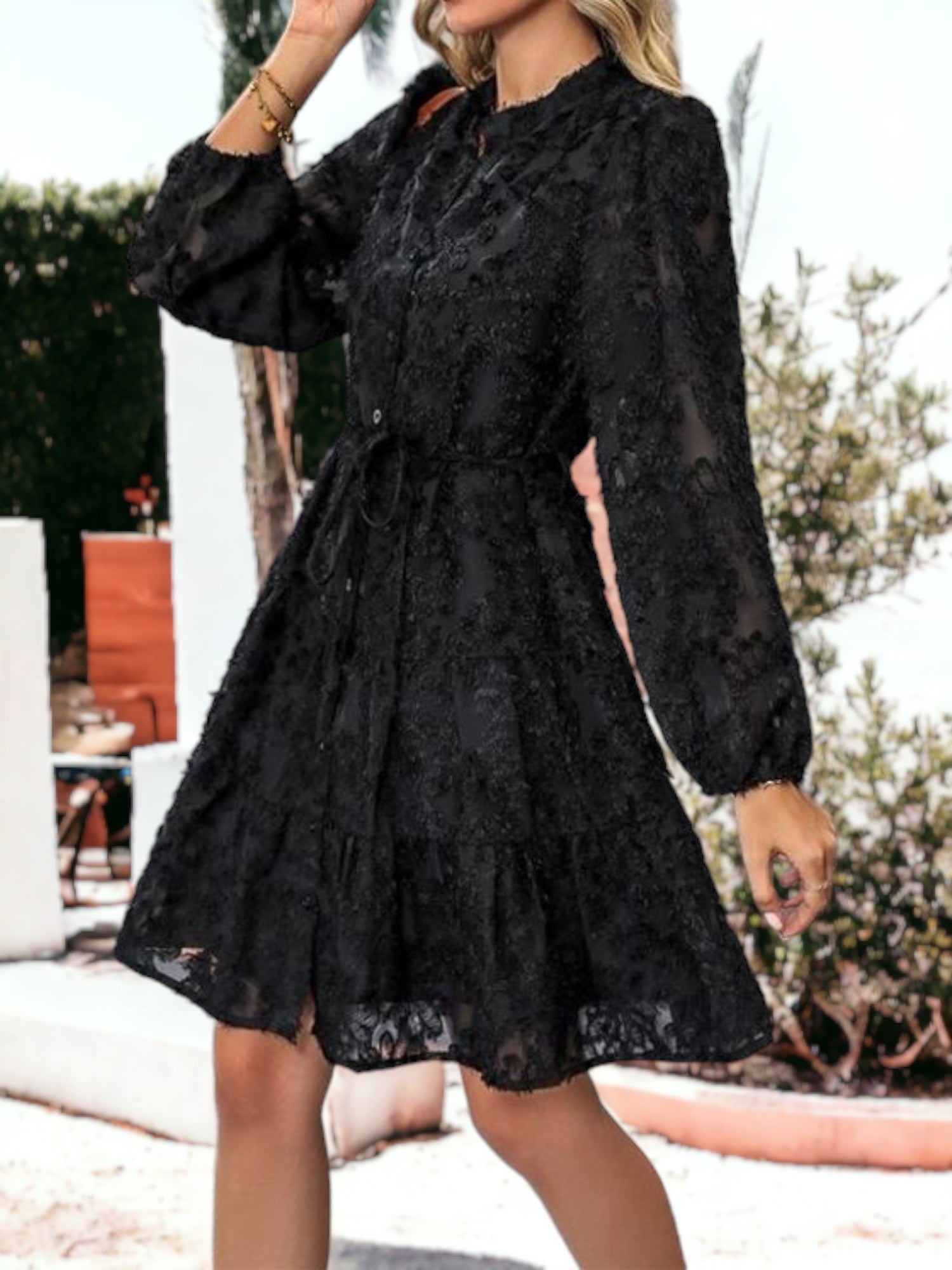 Texture Lace Detailed Long Sleeved Tie Waist Ruffle Mini Dress