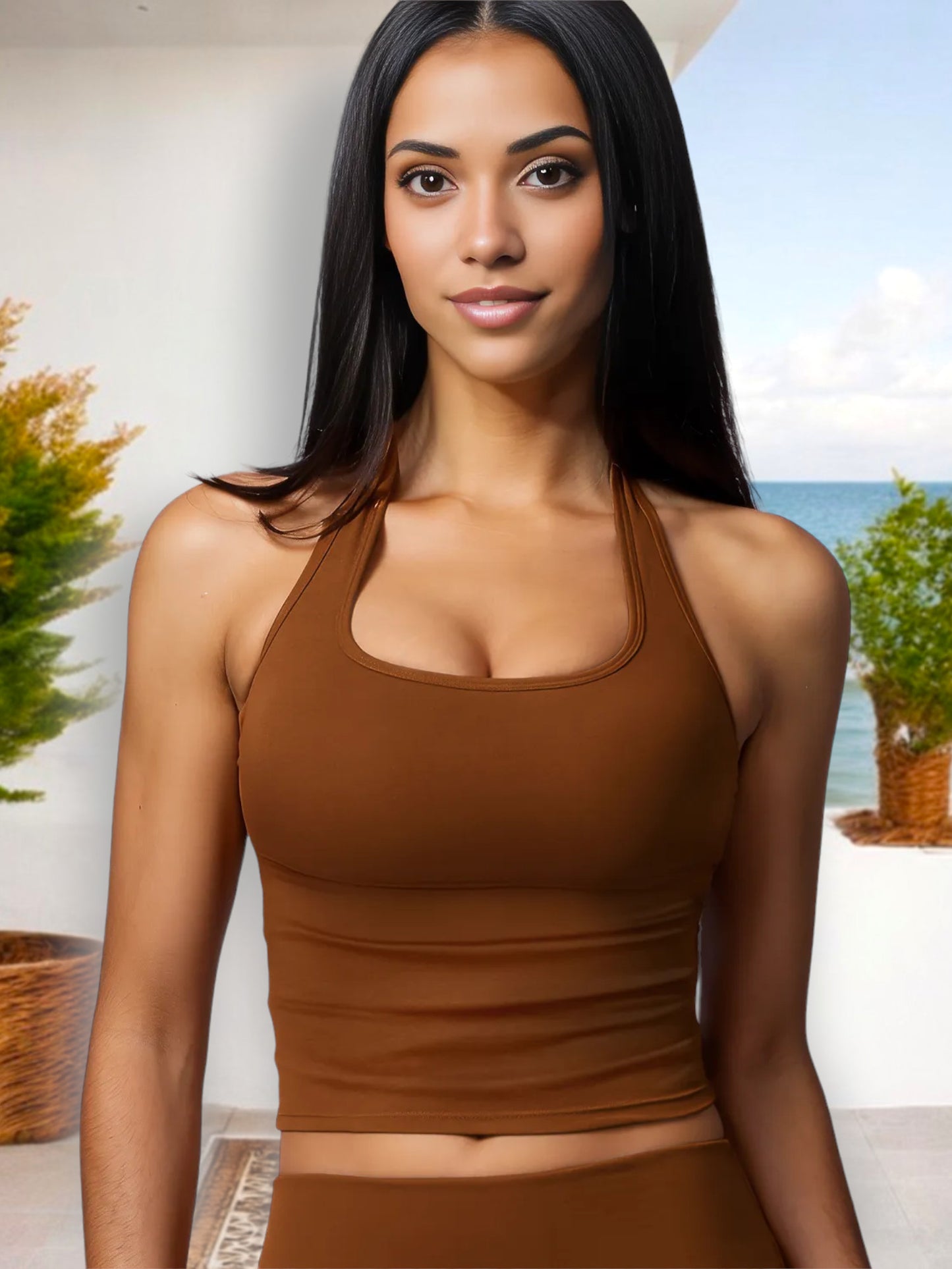 Top corto con cuello halter para mujer, diseño de espalda cruzada y corte elástico