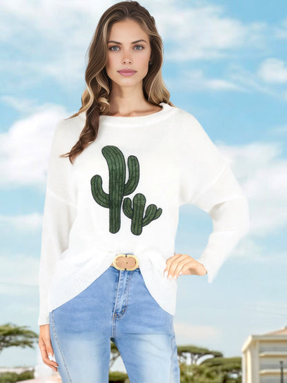 Suéter de punto de manga larga para mujer de Anna-Kaci con bordado de cactus y cuello redondo