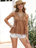 Blusa con escote en V, volante y detalles de encaje estilo bohemio