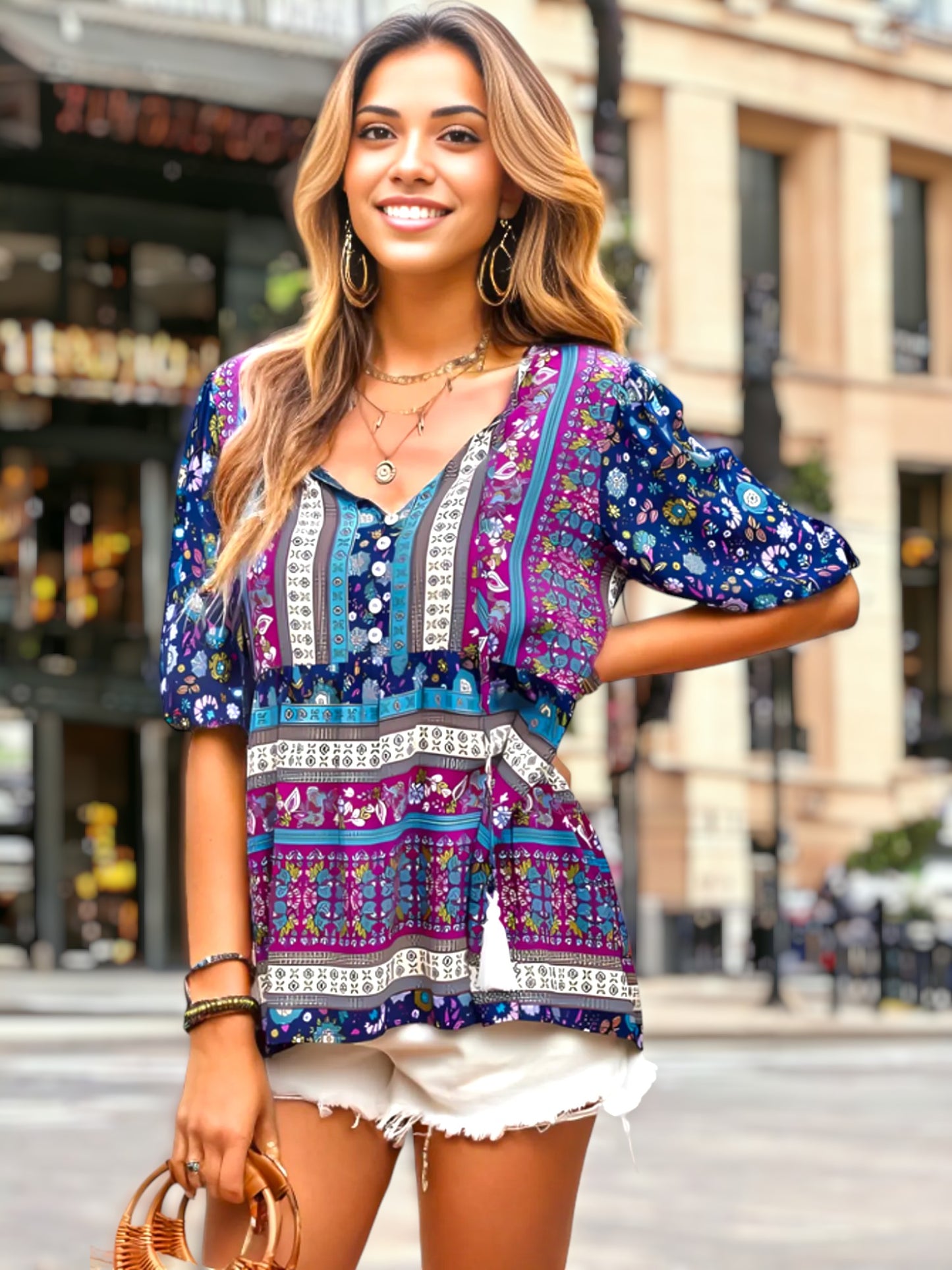 Tassel Tie Neck Puff Sleeve Top