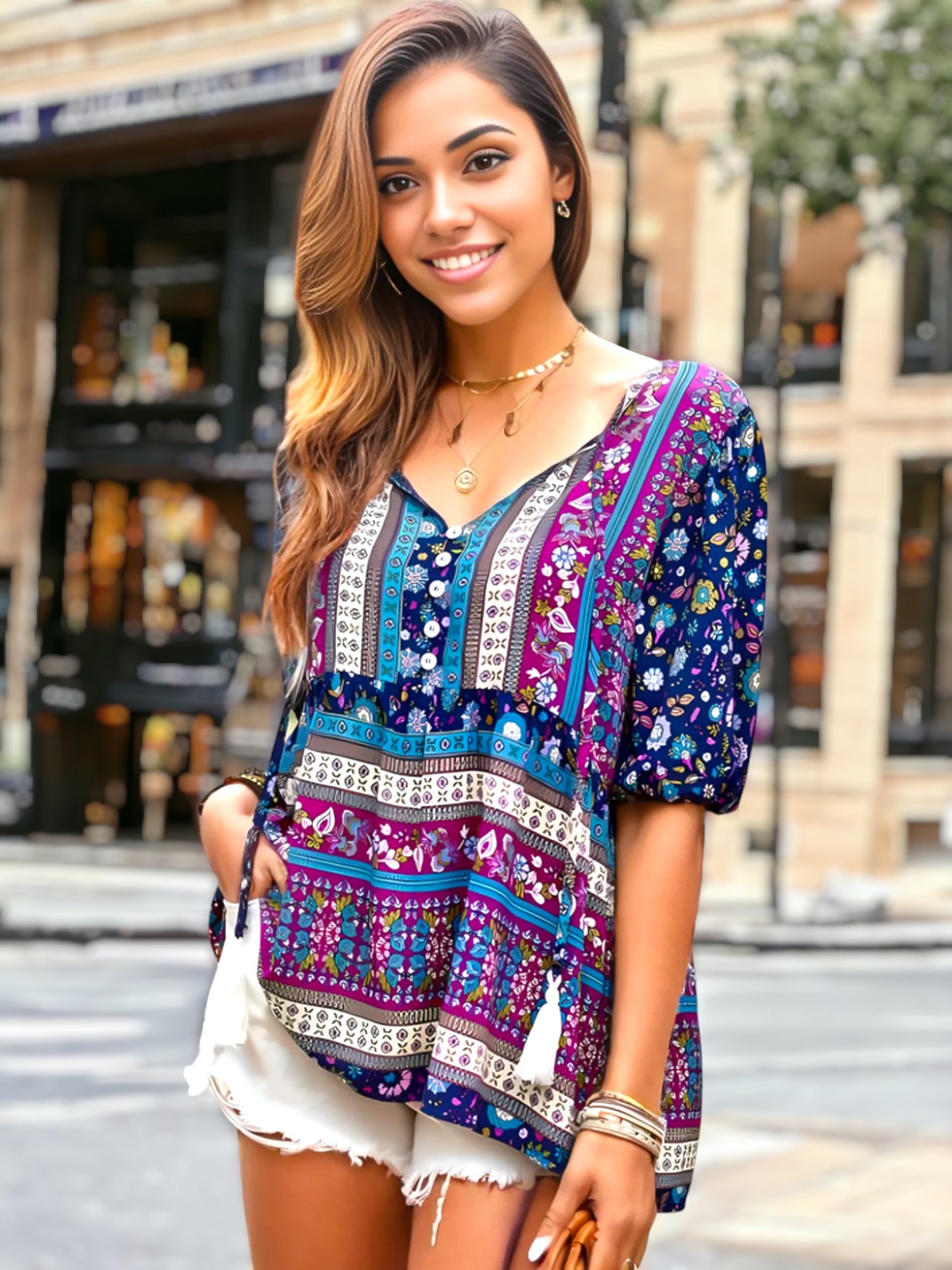Tassel Tie Neck Puff Sleeve Top