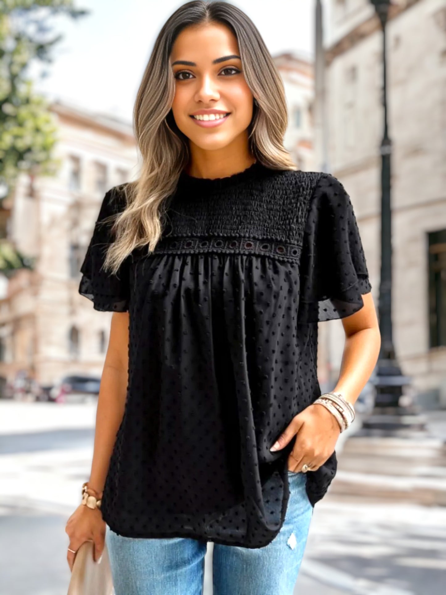 Shirred Lace Detail Blouse