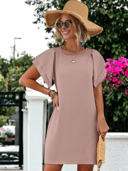 Vestido mini con cuello redondo y mangas abullonadas