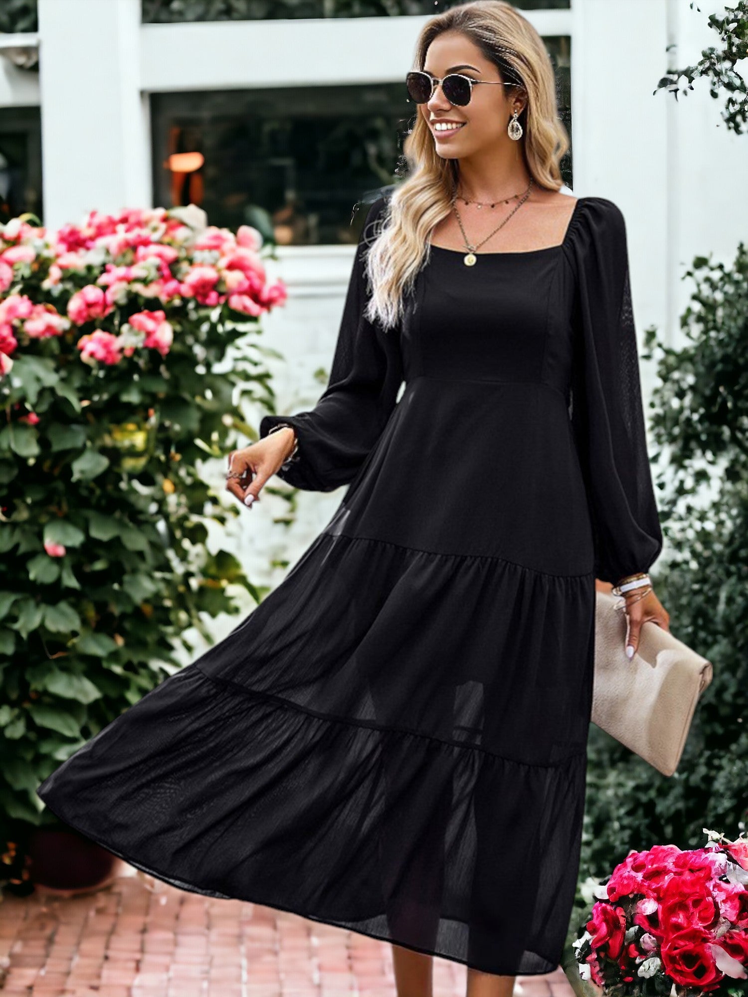 Solid Color Square Neck Bishop Sleeve Classic Midi Dress for Women Anna-Kaci Solid Color Square Neck Bishop Sleeve Classic Midi Dress for Women Anna-Kaci