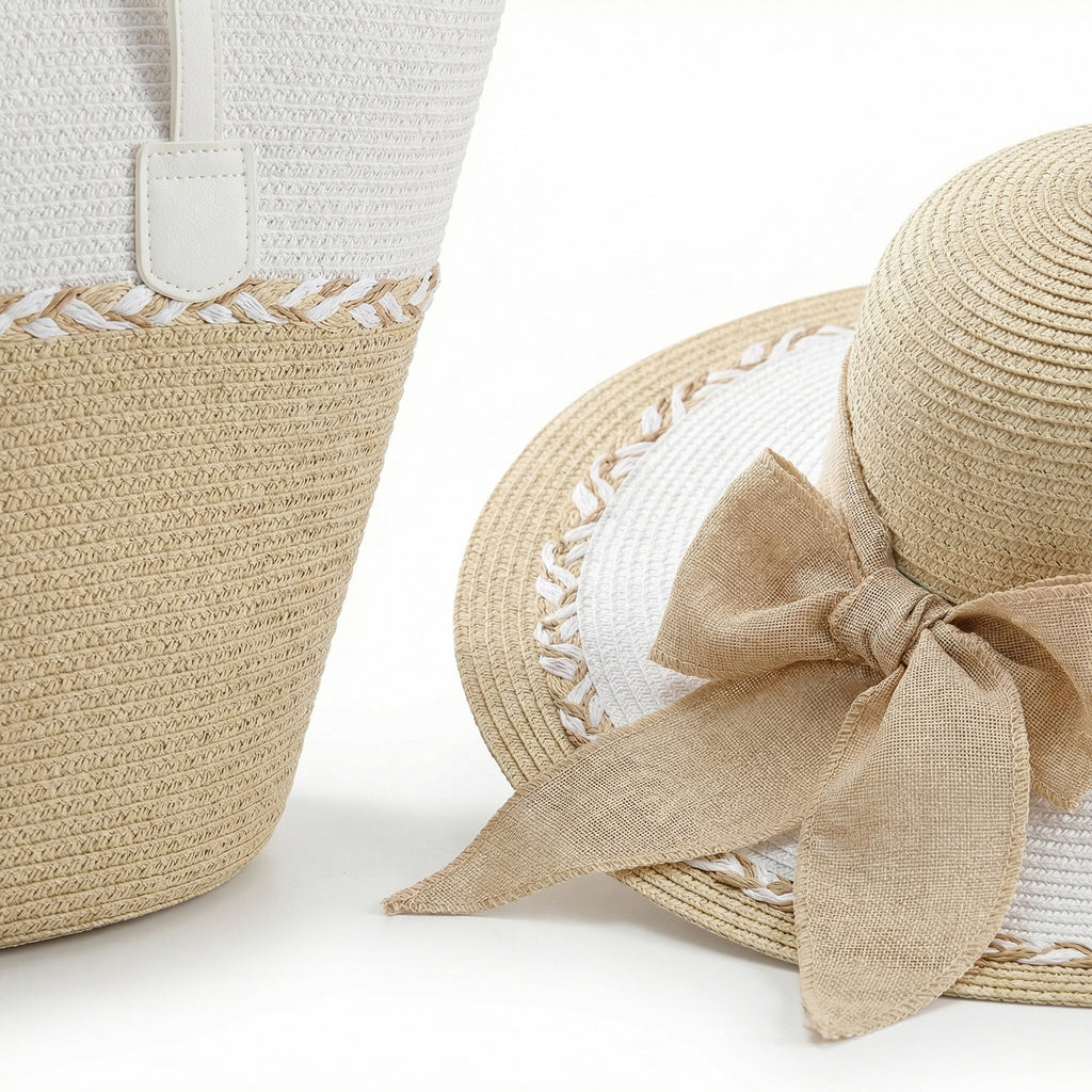 Anna-Kaci Straw Sun Hat and Tote Bag Set Woven Two Tone Design with Bow Wide Brim Beach Accessories
