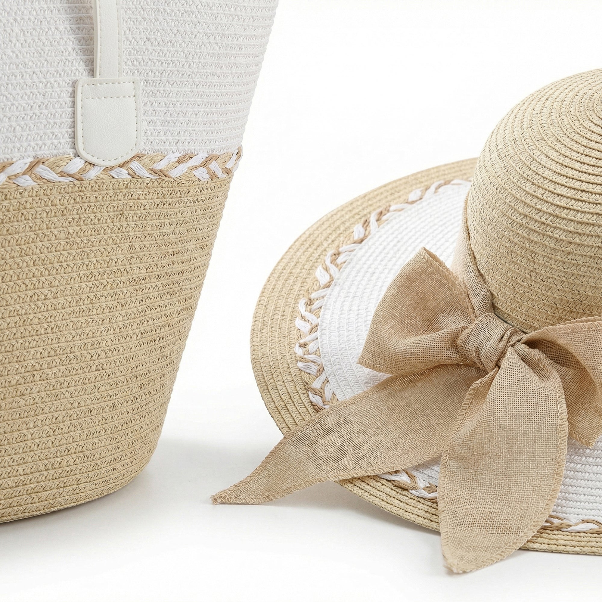 Anna-Kaci Straw Sun Hat and Tote Bag Set Woven Two Tone Design with Bow Wide Brim Beach Accessories