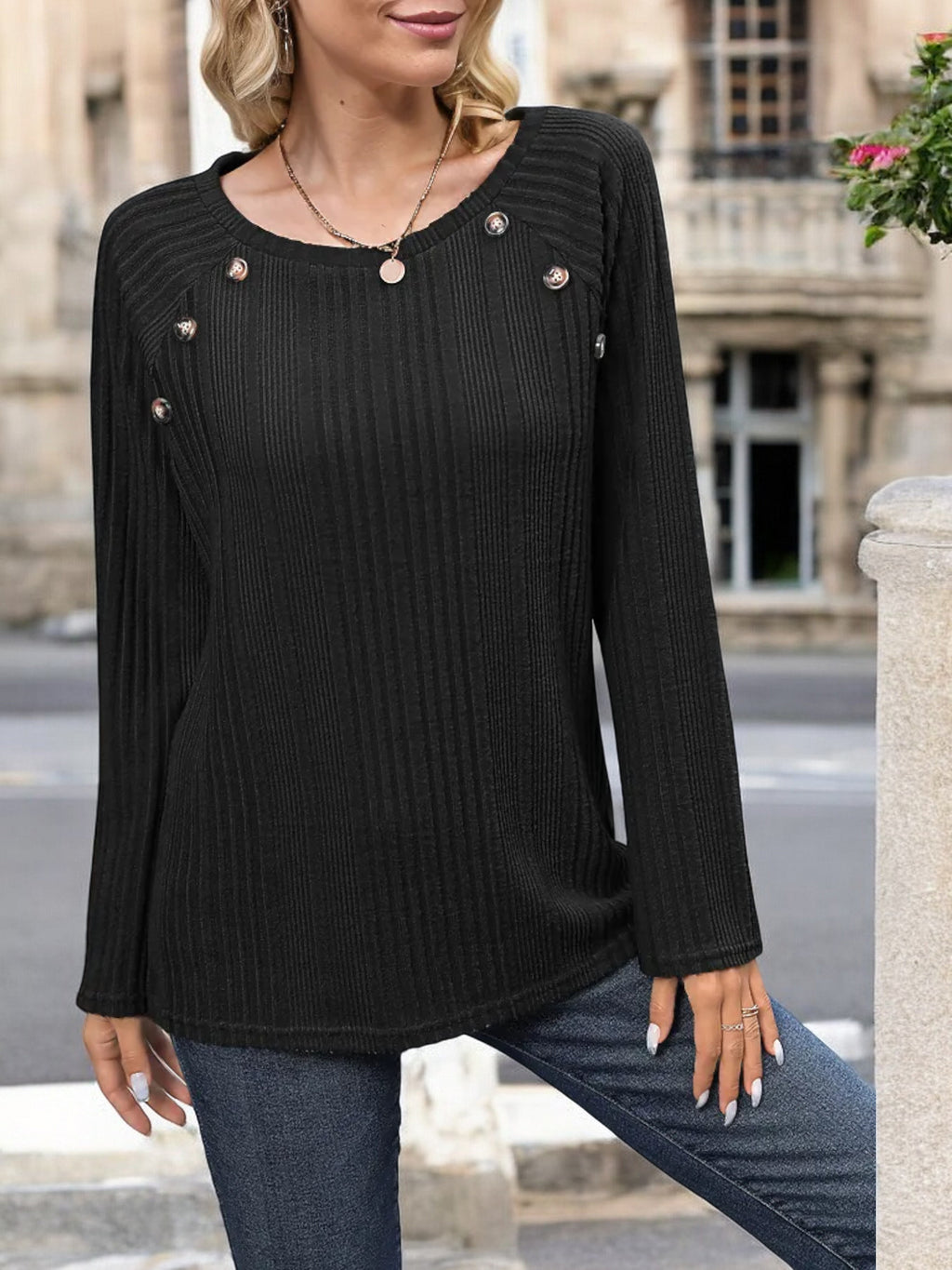 Blusa de punto acanalado de manga larga para mujer de Anna-Kaci con detalle de botones y escote redondo