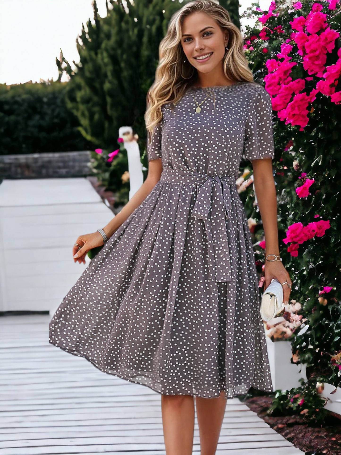 Printed Round Neck Short Sleeved Waist Tie Dress