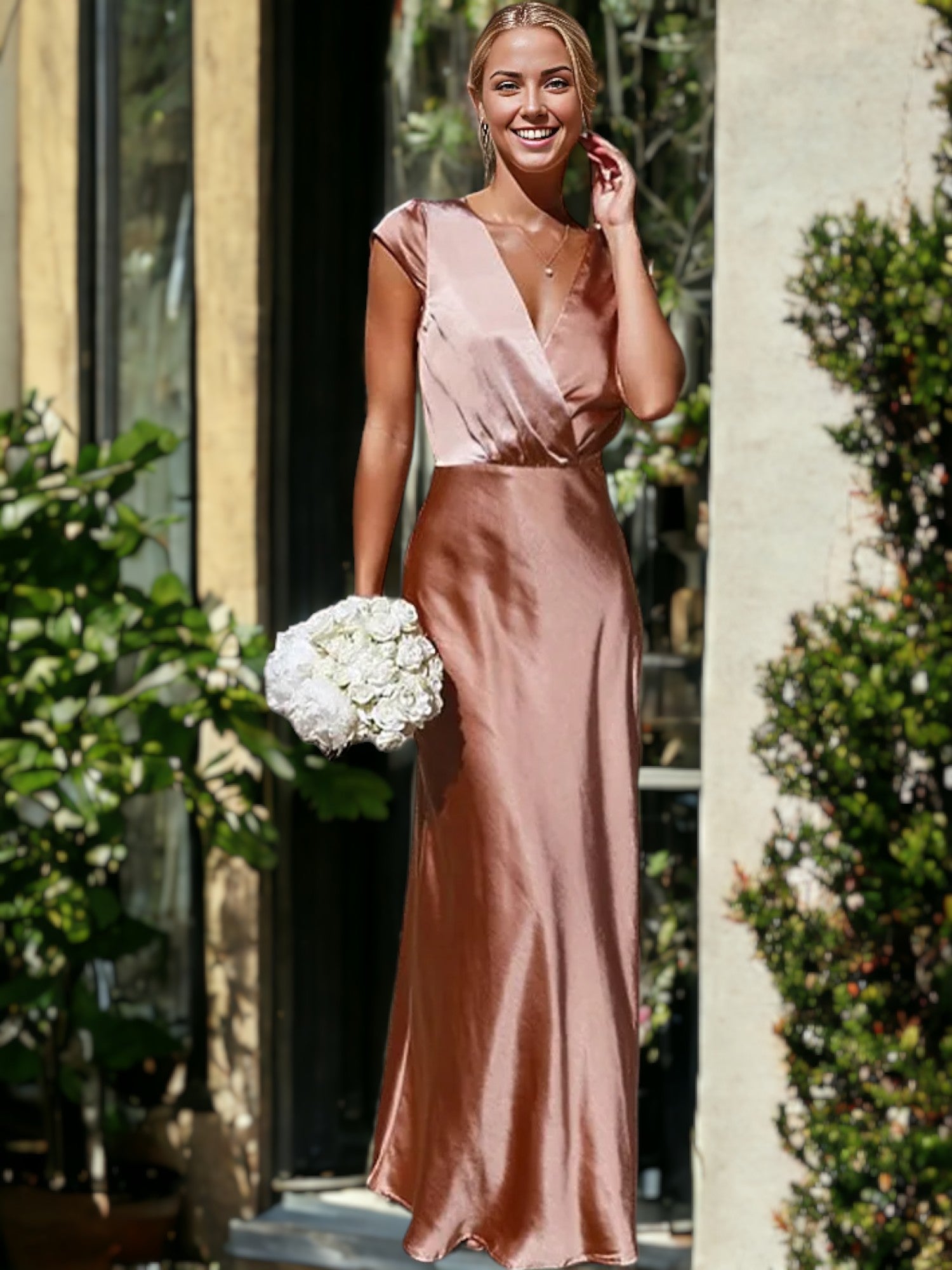 Elegante vestido largo de satén con escote en V y manga corta