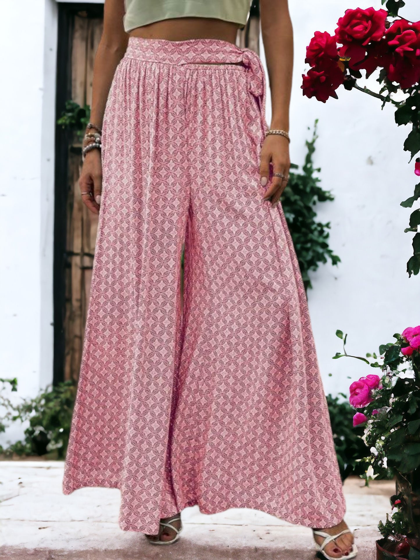 Printed Wide Legged  Waist Tied Pants