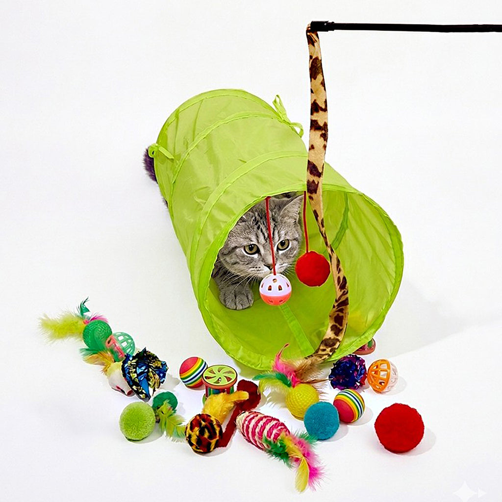 Anna-Kaci 21 Piece Cat Toy Set with Collapsible Cat Tunnel Interactive Balls Mice Feather Toys for Cats
