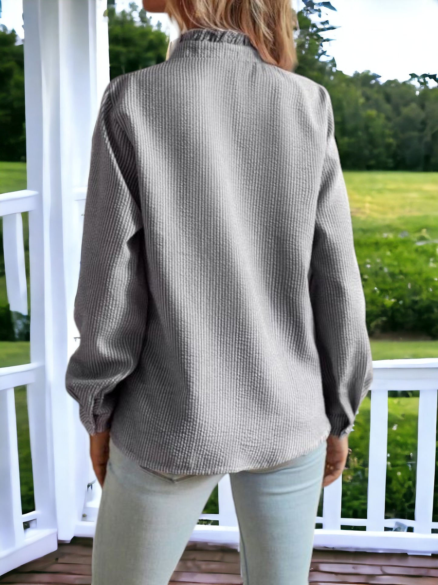 Textured Striped Ruffle Detail Shirt