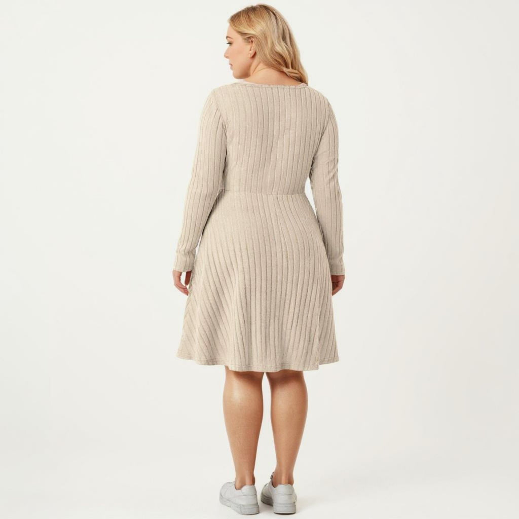 Anna-Kaci Women's Plus Size Long Sleeve Ribbed Knit Dress with Tie Front Detail and Flared Skirt