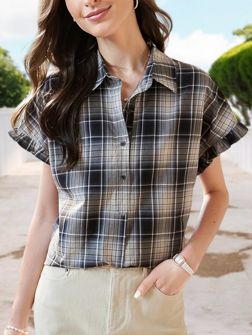 Camisa abotonada a cuadros con mangas cortas con volantes y cuello clásico para mujer de Anna-Kaci