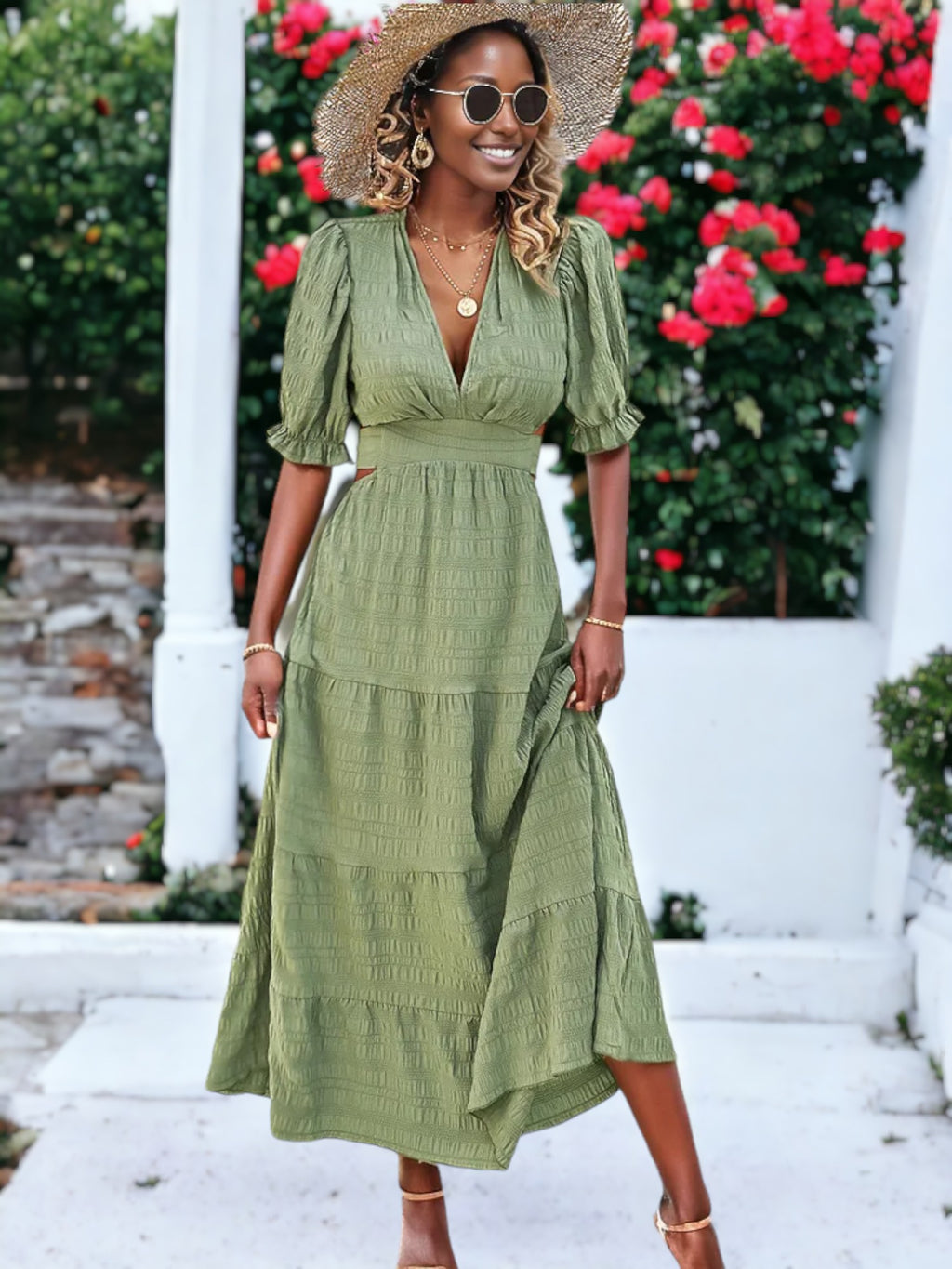 Solid Color V-Neck Textured Puffed Sleeve Maxi Dress