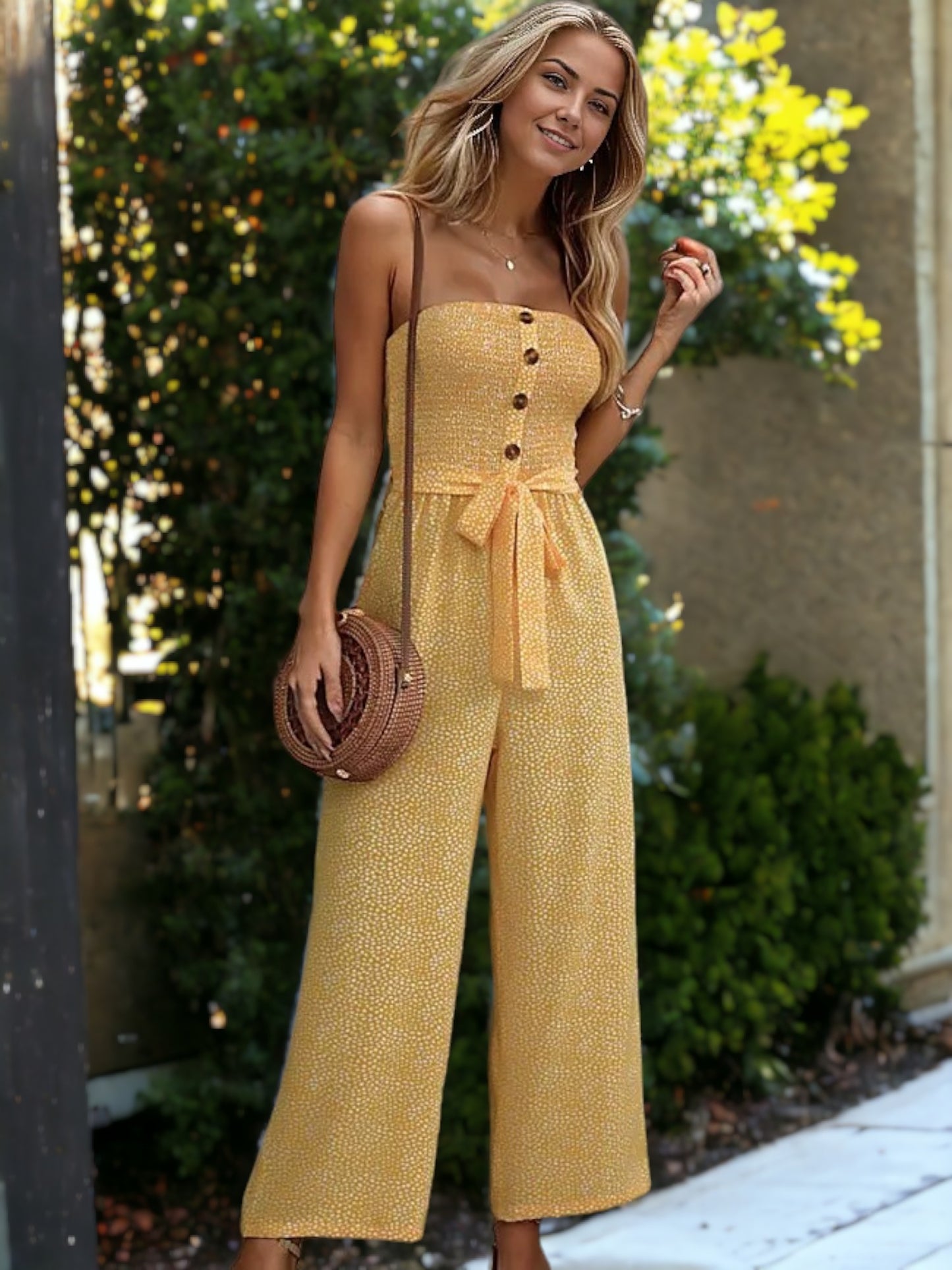 Buttoned Smock Ribbon Strapped Straight Leg Jumpsuit