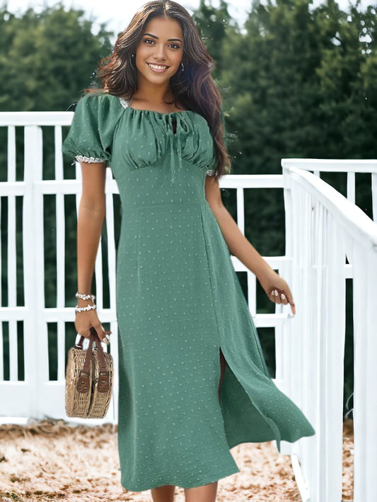 Square Neck Slit Vintage Dress