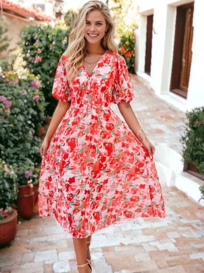 Casual Floral Printed V-Neck Puffed Sleeve Maxi Dress