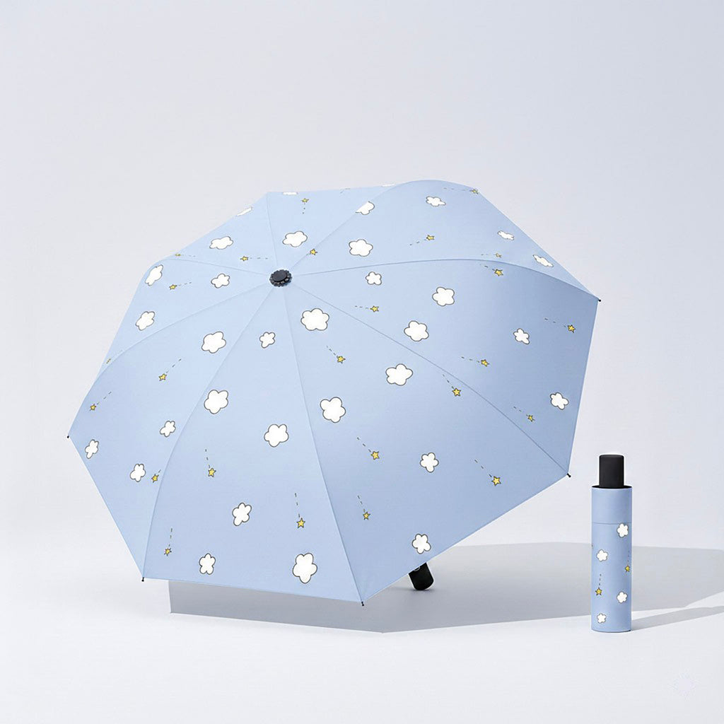 Anna-Kaci Cloud and Star Print Compact Folding Umbrella with Matching Sleeve and Automatic Open