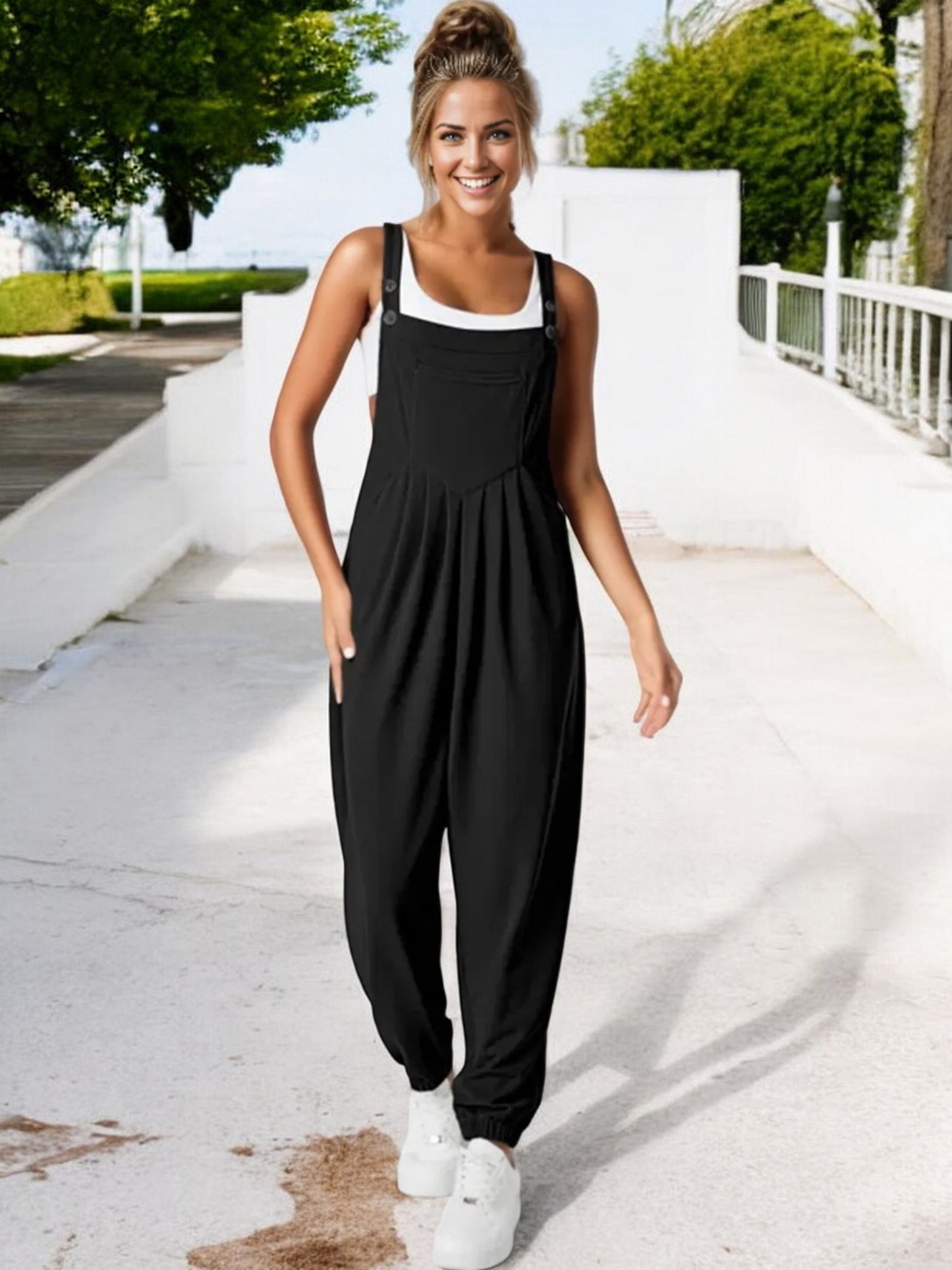 Anna-Kaci Women's Adjustable Strap Pleated Jumpsuit with Elastic Ankle Cuffs