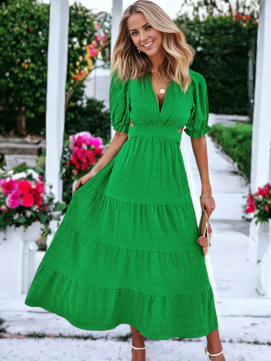 Solid Color V-Neck Textured Puffed Sleeve Maxi Dress
