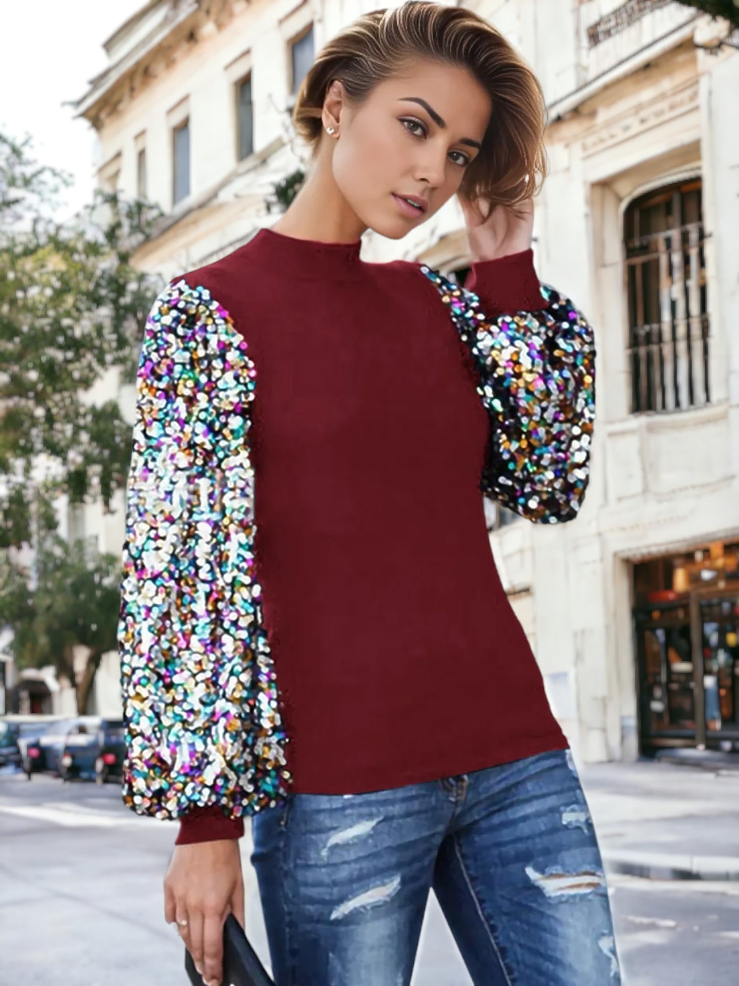 Sequin Puffed Long Sleeve Mock Neck Pullover