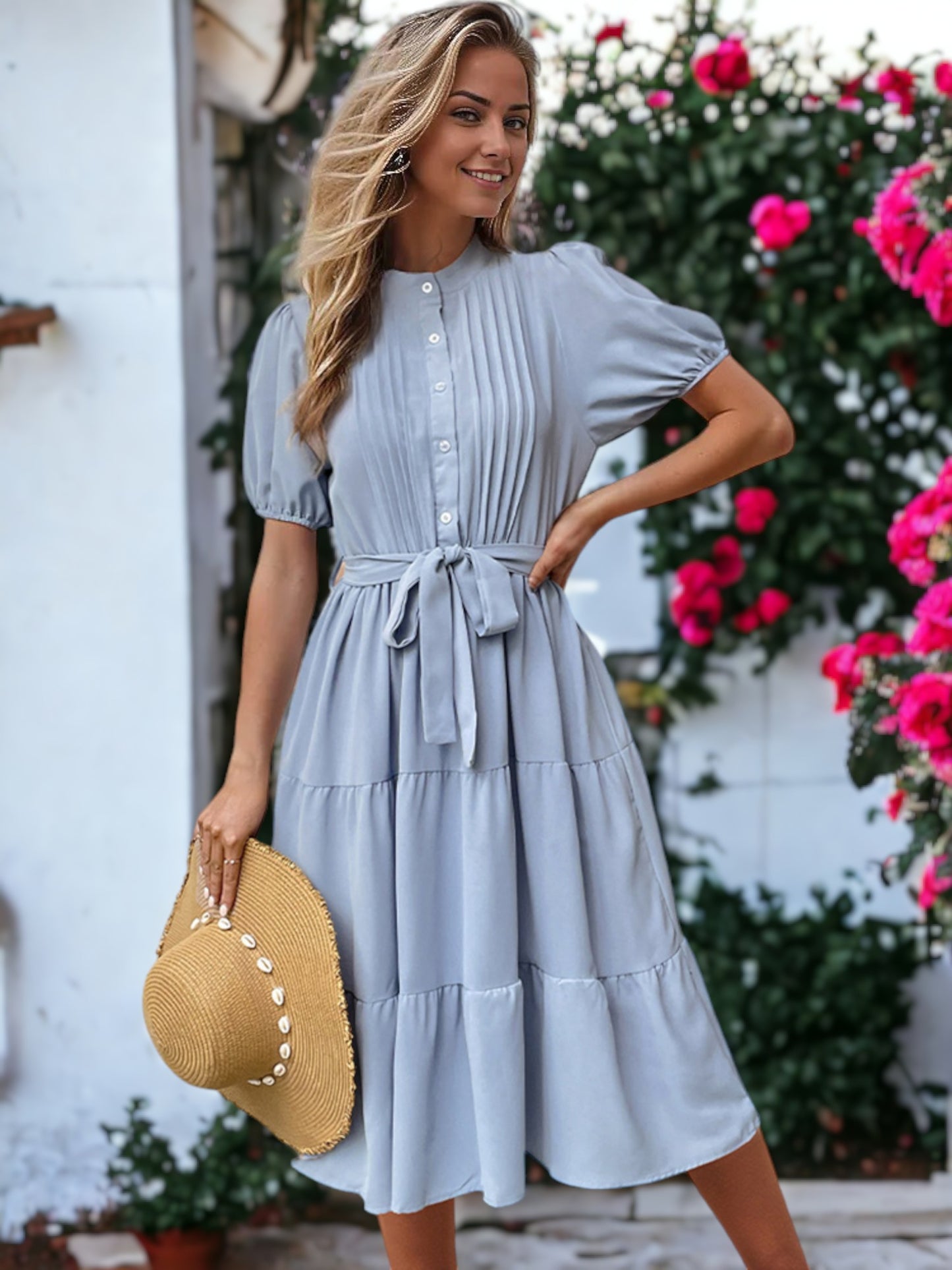 Tie Waisted Puff Sleeved Ruffle Dress