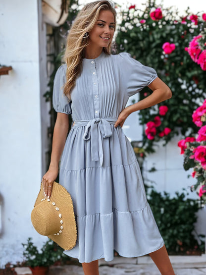 Tie Waisted Puff Sleeved Ruffle Dress
