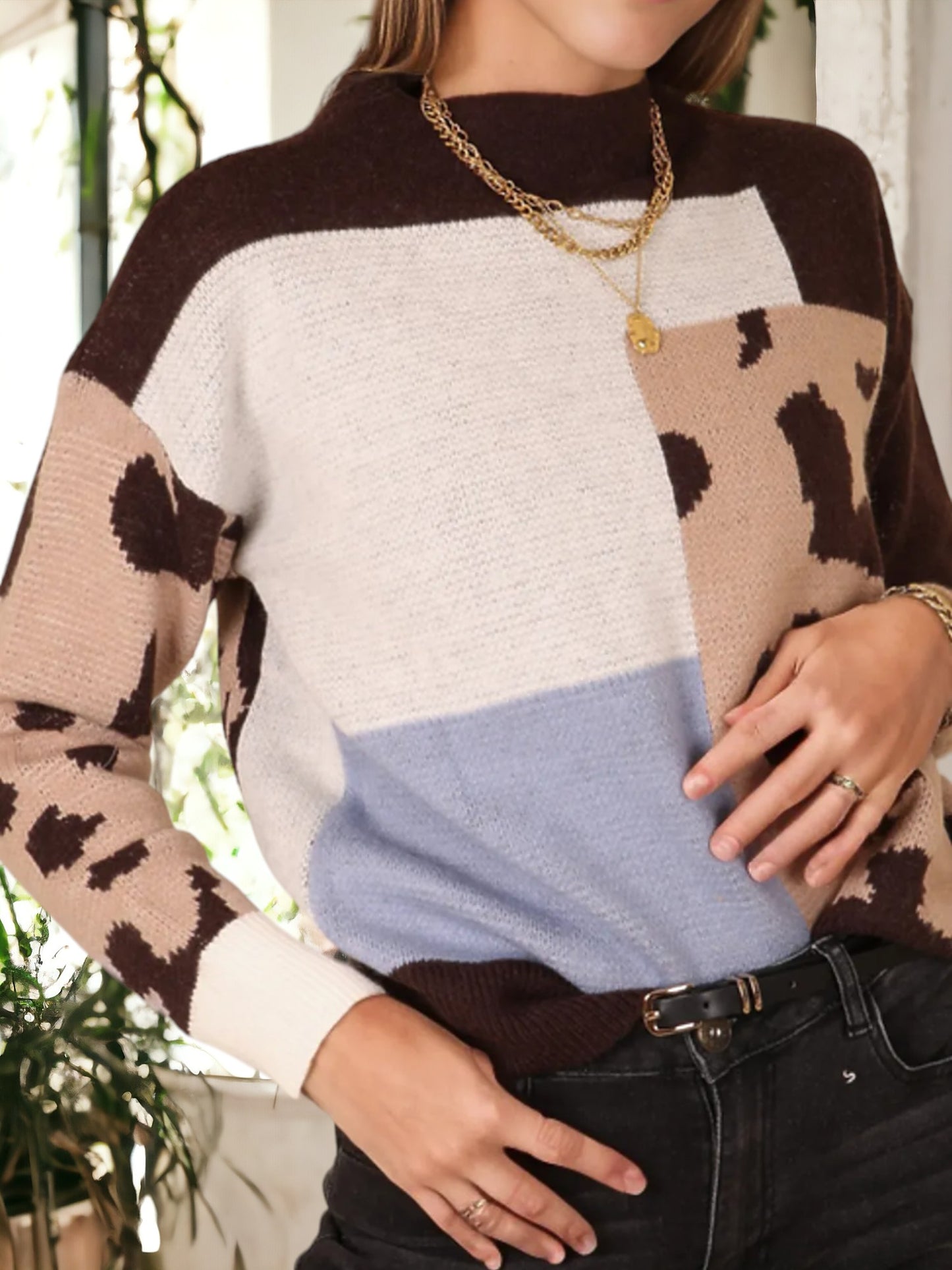 Random Color Block Leopard Sweater