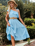Asymmetric Shoulder Tie Detail Ruffle Midi Flared Dress