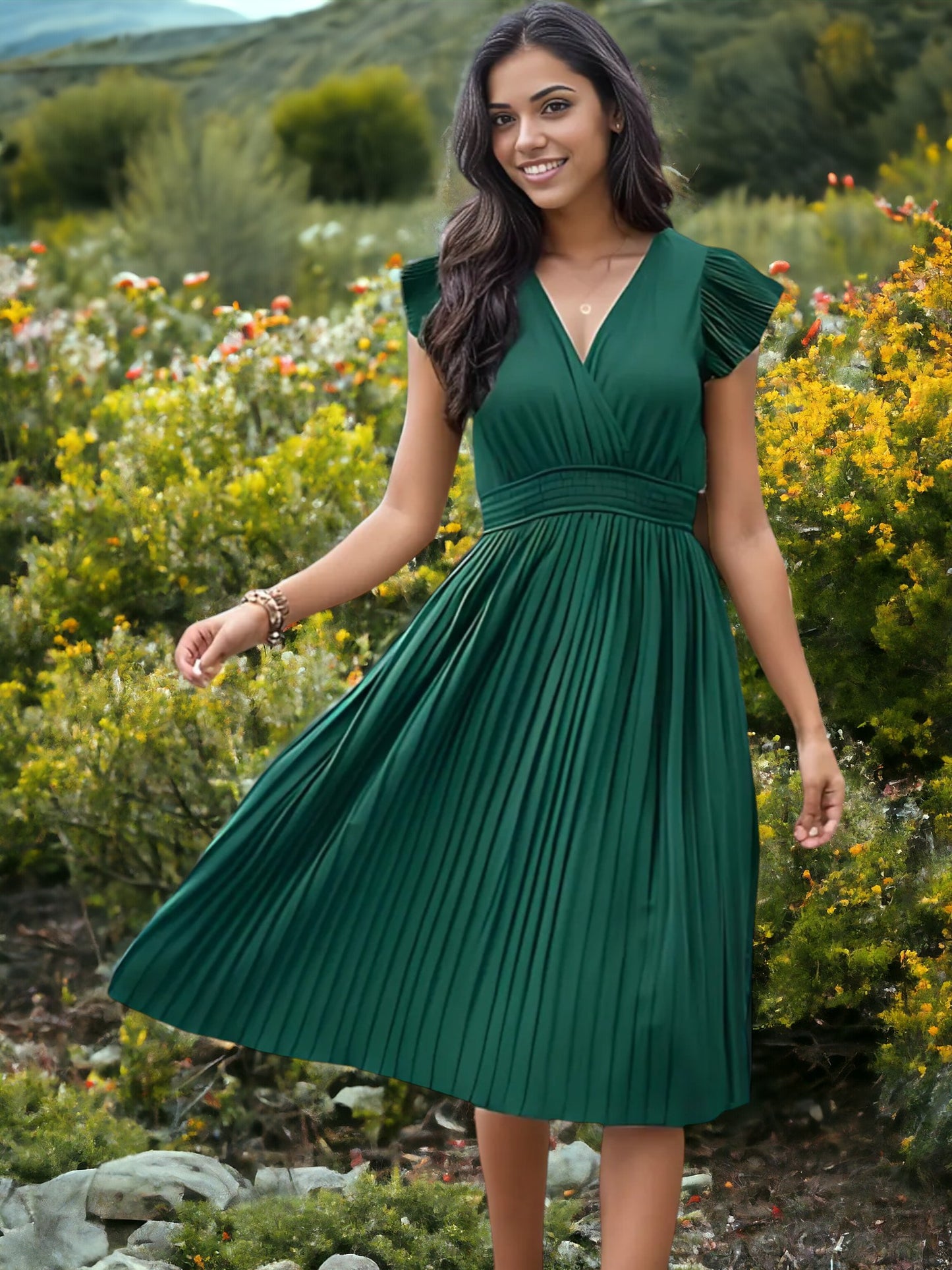 Vestido midi plisado con escote en V y cintura fruncida