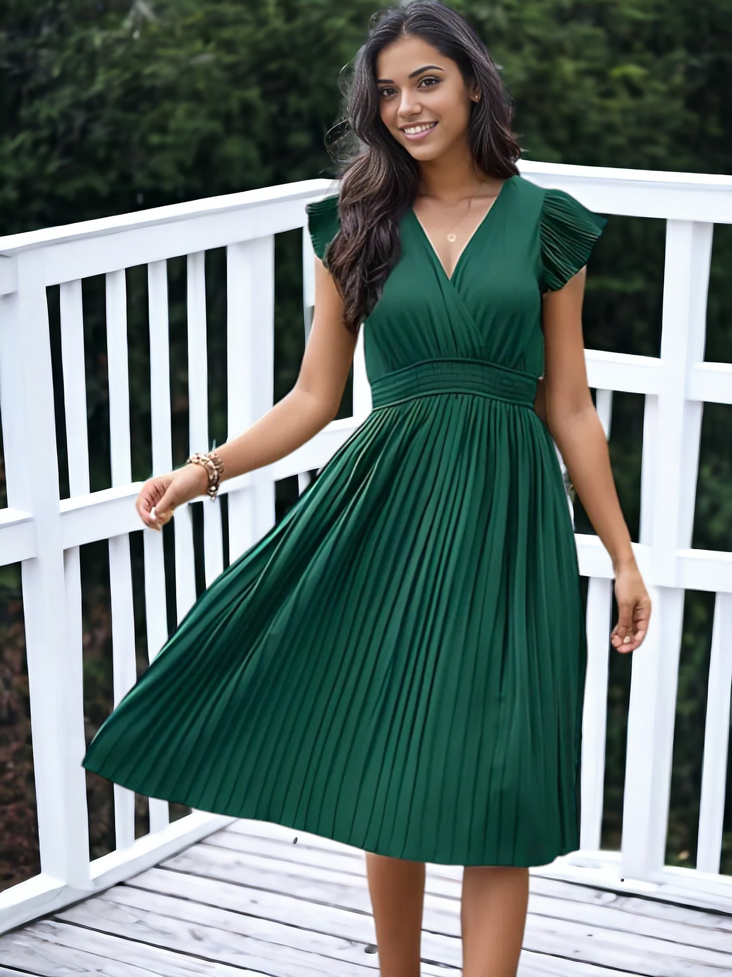 V-Neck And Smock Waisted Pleated Midi Dress