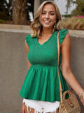 Sleeveless Smocked Peplum Top with Ruffle Trim and V-Neck
