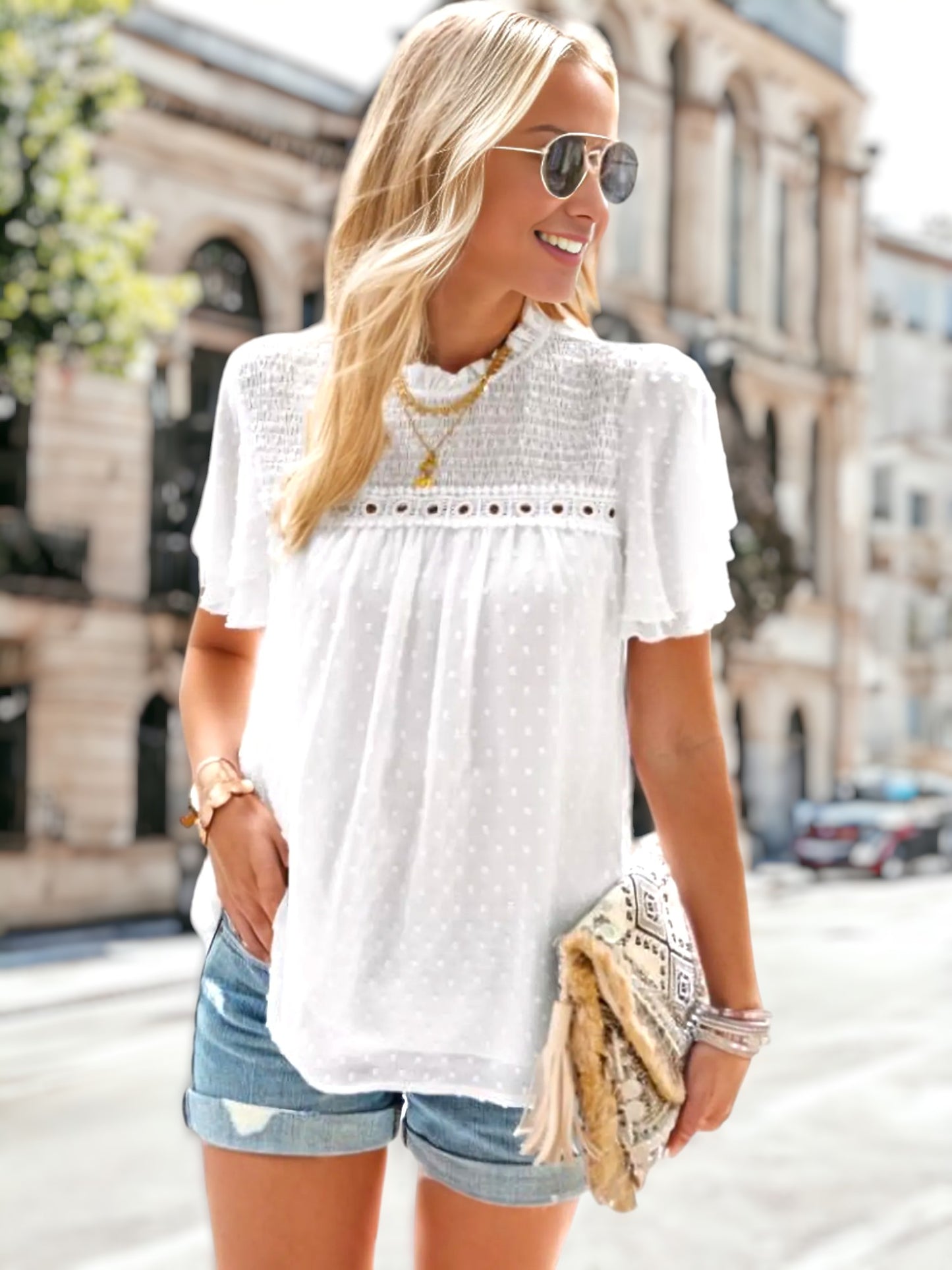 Shirred Lace Detail Blouse