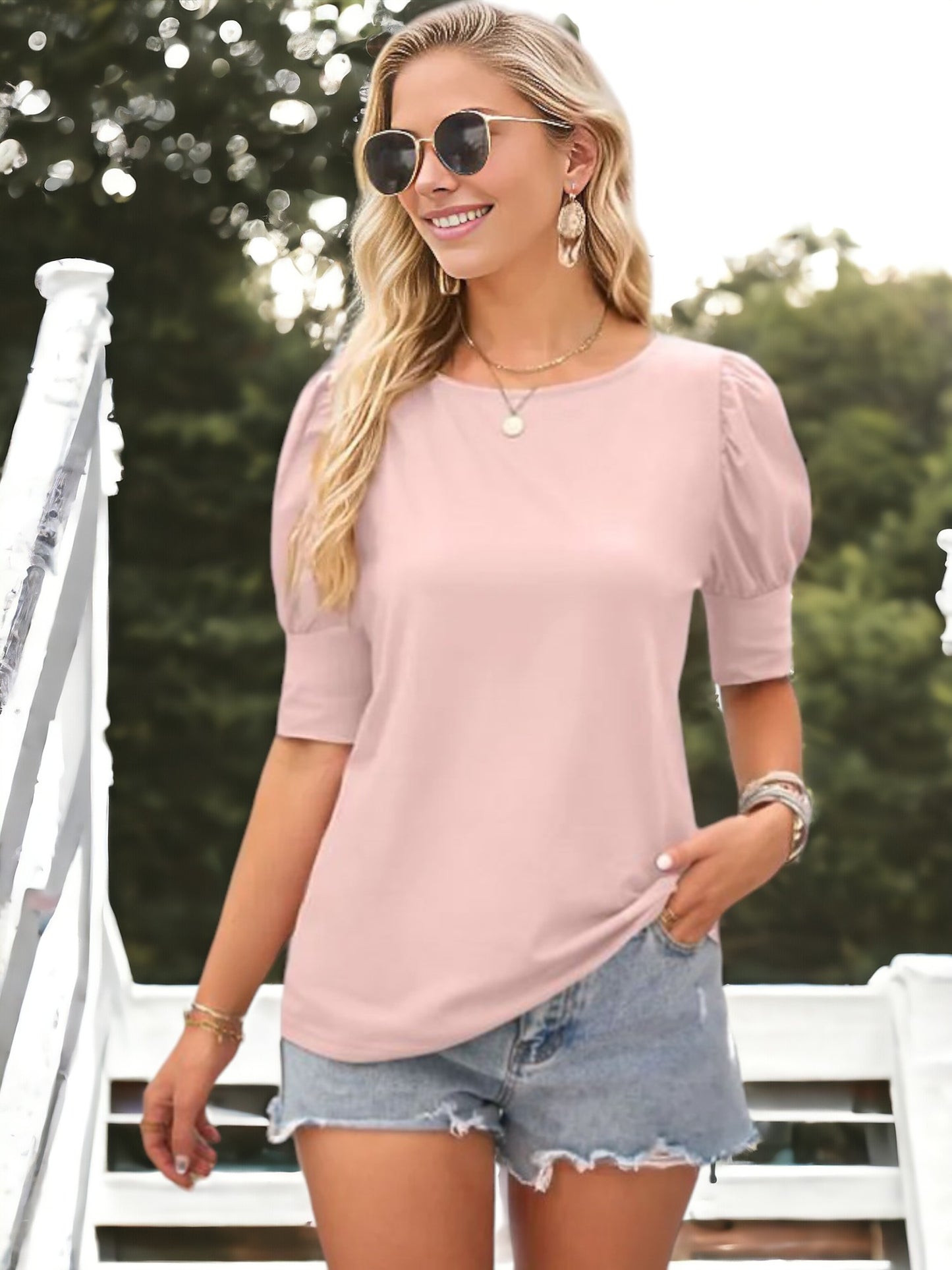 Blusa informal de cuello redondo y mangas abullonadas para mujer