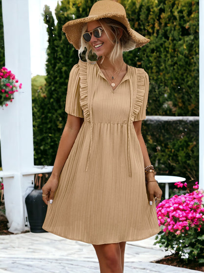 Tie Neck Short Sleeved Pleated Textured Mini Dress