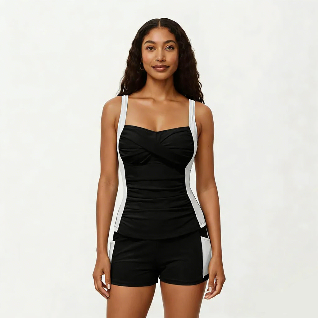 Anna-Kaci Women's 2-Piece Set Color Block Tankini Top with Boyshort Bottom Swim Set