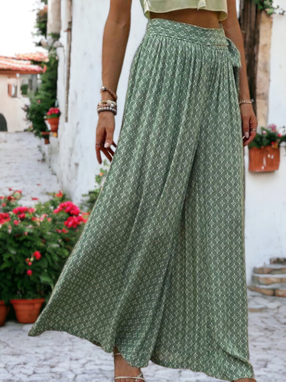 Tie Waist Casual Wide Legged Loose Printed Pants